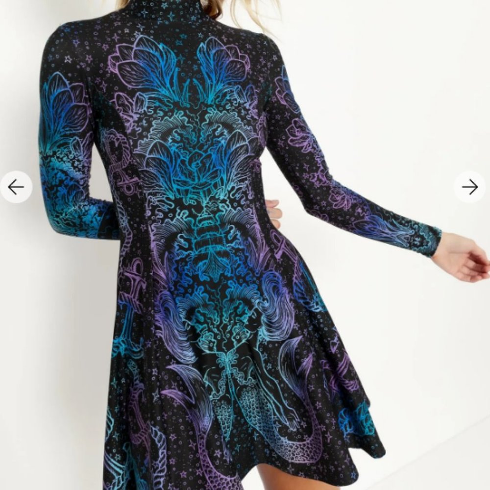KALEIDOSCOPE MERMAID LONG SLEEVE EVIL MINI SKATER DRESS BNWT